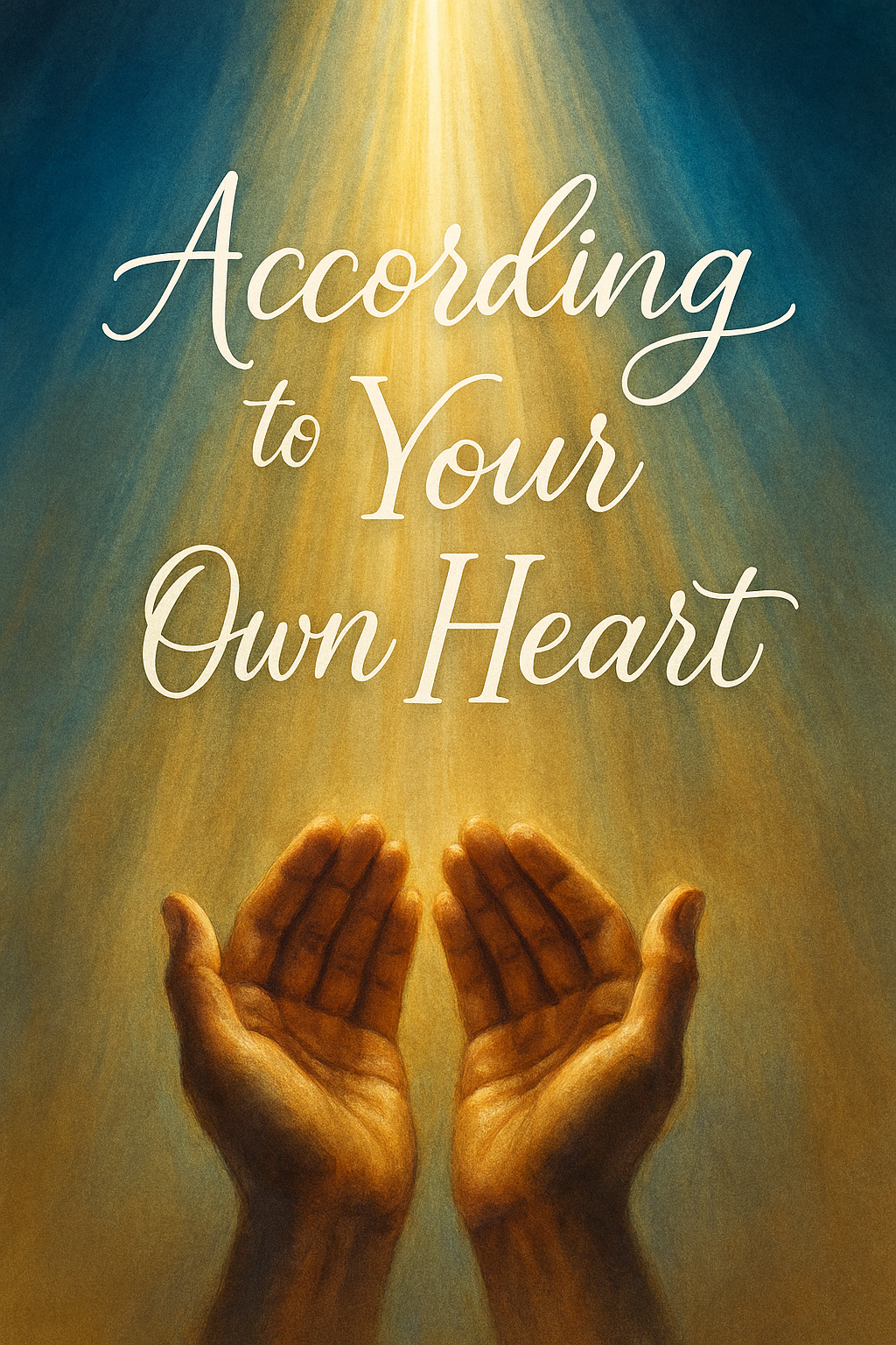 Hands cupped upward in prayer position with light rays and scripture quote overlay