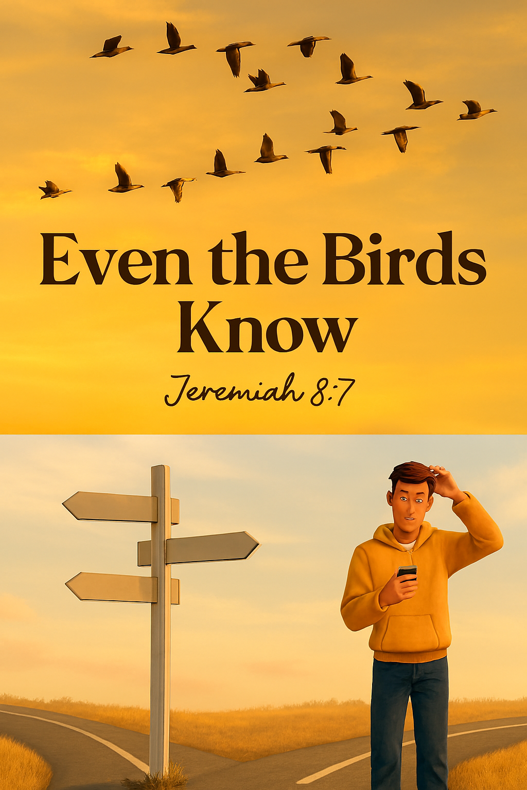 Split image of migrating birds and confused person symbolizing spiritual obedience versus human distraction