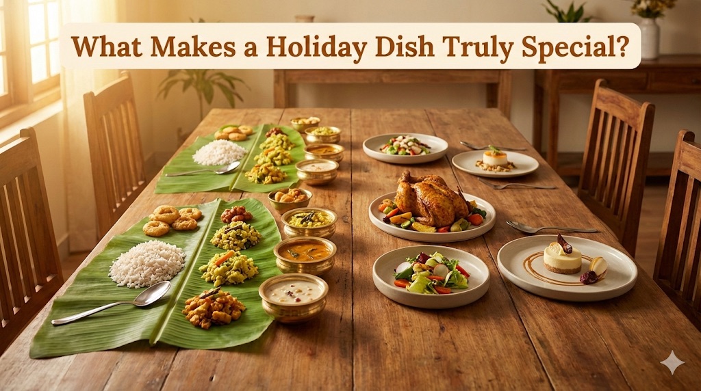 Kerala holiday table with traditional dishes on one side and modern dishes on the other.