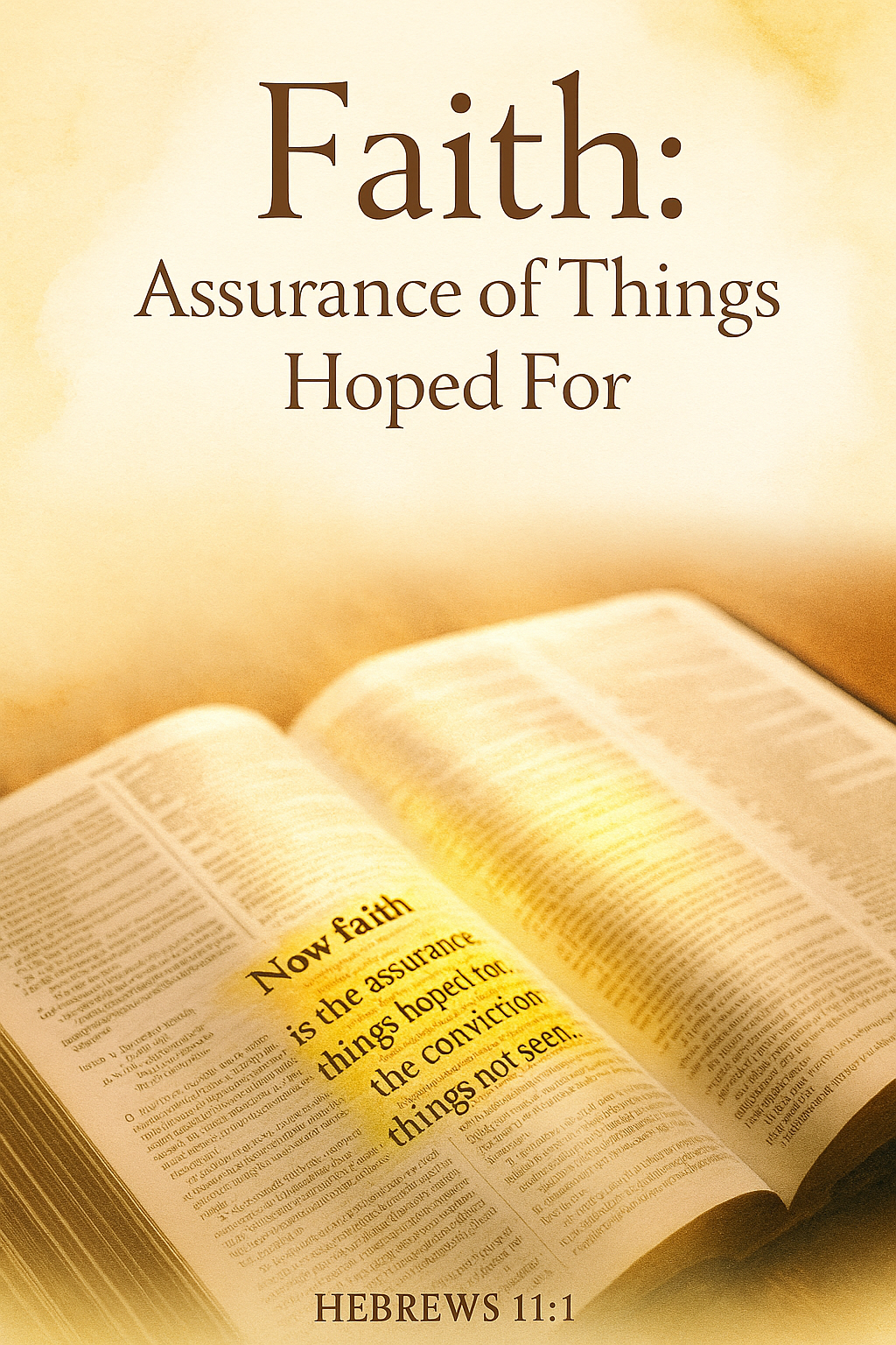 Open Bible showing Hebrews 11:1 verse about faith with warm lighting and inspirational text overlay