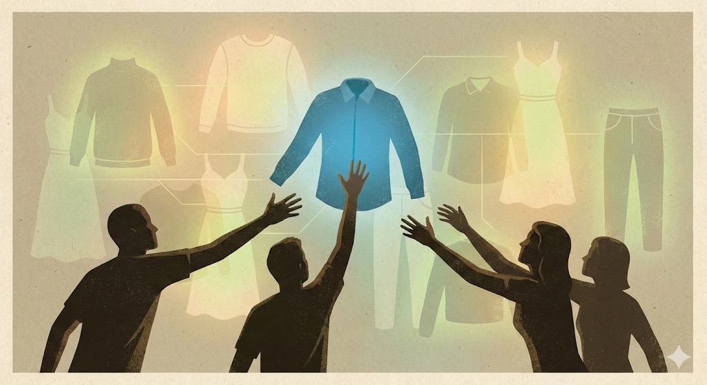 Silhouettes reaching for a single shirt, with glowing outlines of more clothes behind them symbolising abundance.