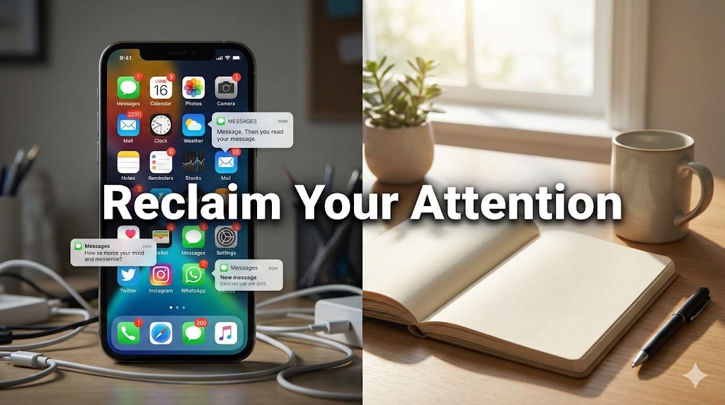 Split image with a cluttered phone full of notifications on one side and a quiet desk with a journal on the other.