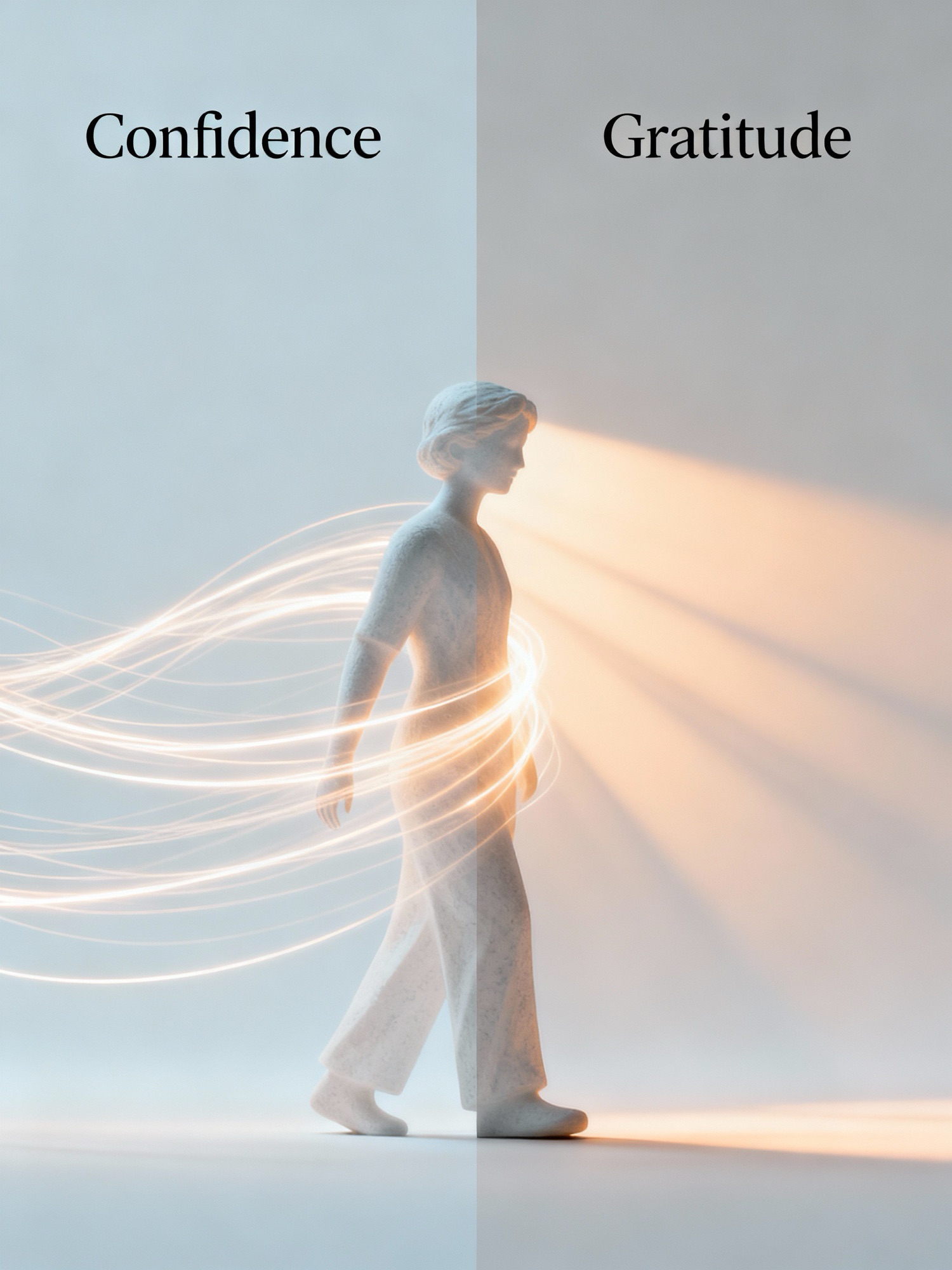 Vertical graphic depicting confidence and gratitude as inner qualities worn daily instead of clothing.