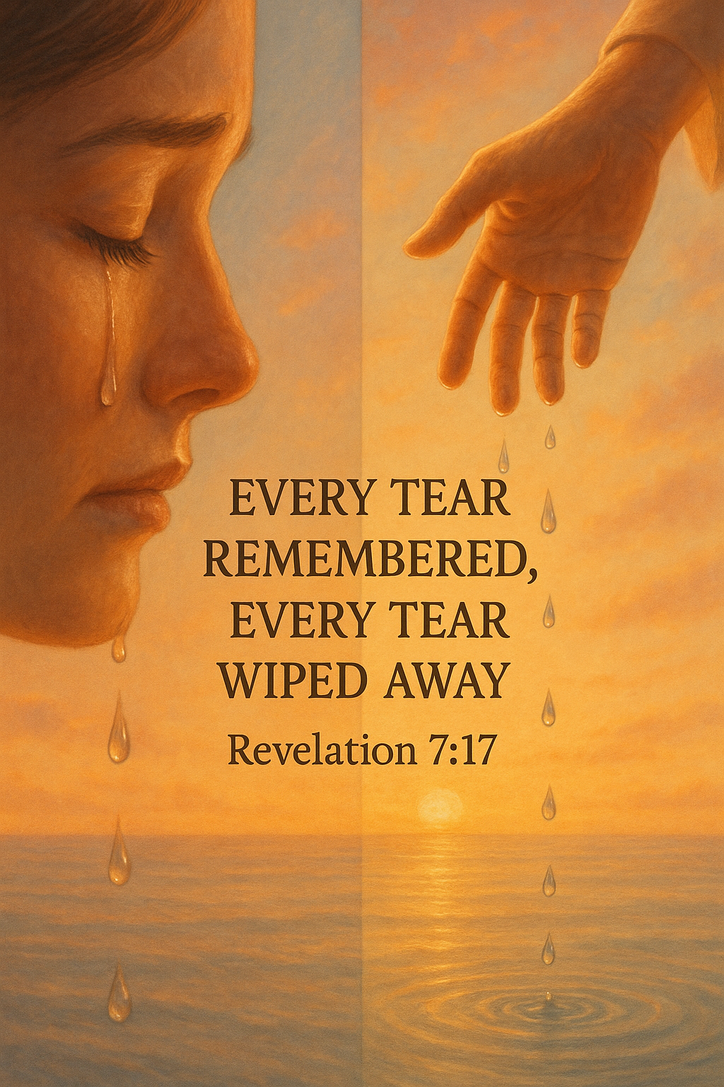Split image of falling tears becoming water drops with gentle hand from above illustrating Revelation 7:17 promise