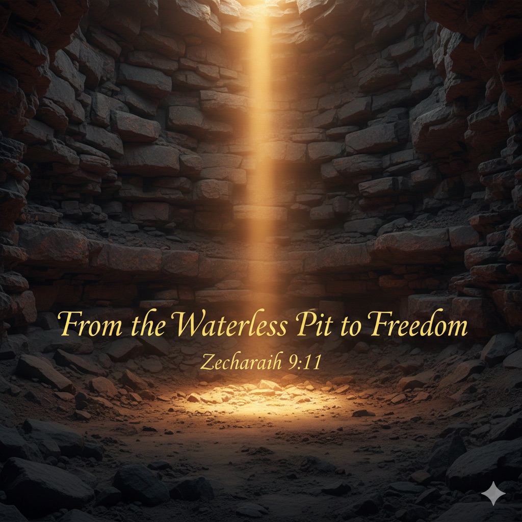 A stone pit in shadow with a golden beam of light shining down from above illustrating divine intervention