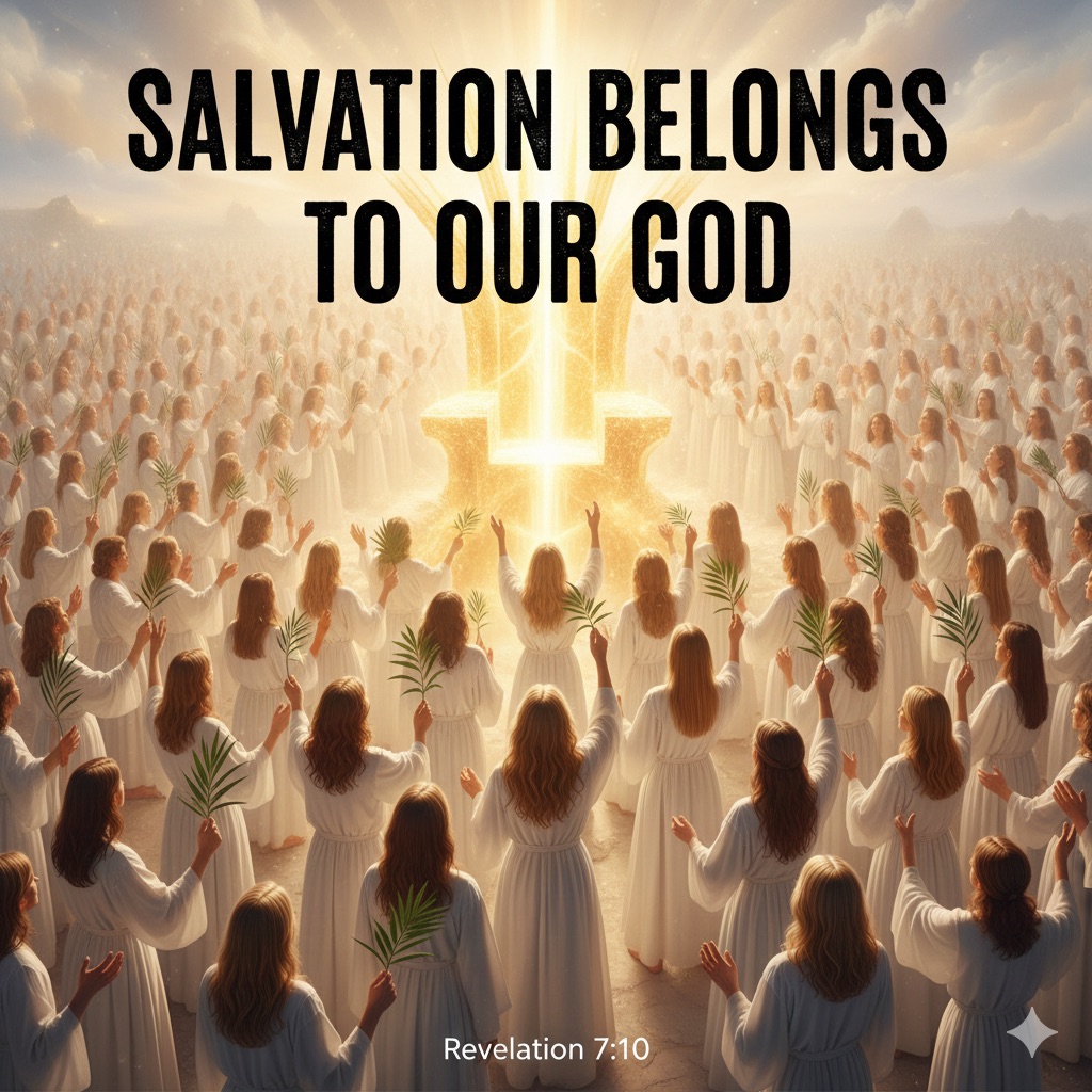 Glowing throne with countless figures in white robes holding palm branches worshiping God and the Lamb in heaven