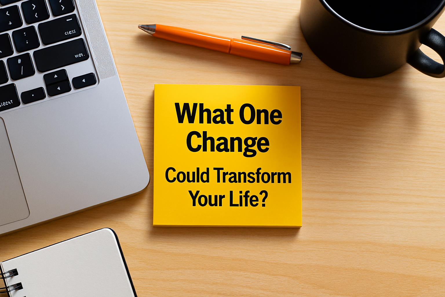Yellow motivational note on desk asking “What One Change Could Transform Your Life?”