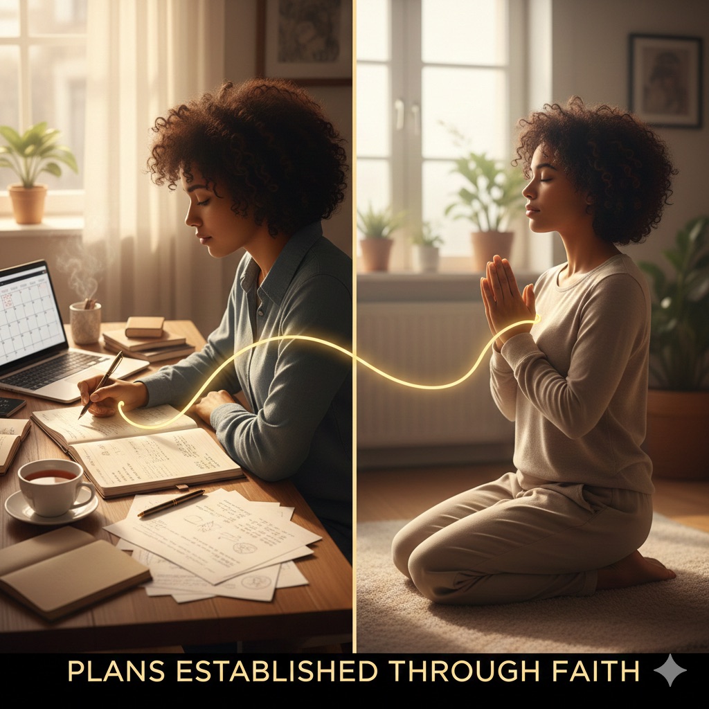 Vertical split image of planning and prayer connected by golden thread illustrating Proverbs 16:3