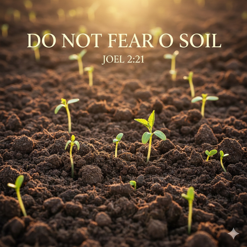 Rich brown soil with green plant shoots emerging into light, Joel 2:21 verse overlay about not fearing