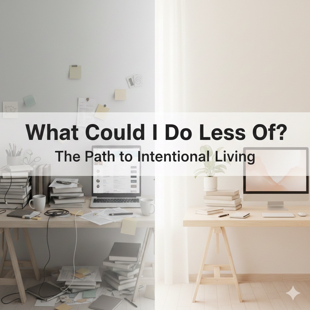 Split image of a cluttered desk transitioning to an organised peaceful workspace with text asking what I could do less of