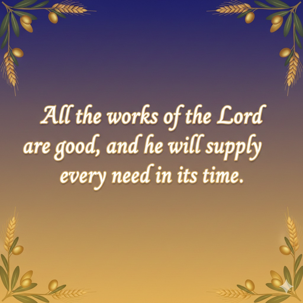 Ecclesiasticus 39:33 verse about God’s provision and perfect timing on decorative background with olive branches