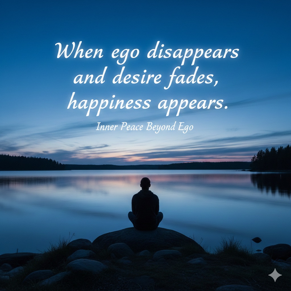 Silhouette by lake with message about happiness after ego and desire fade.