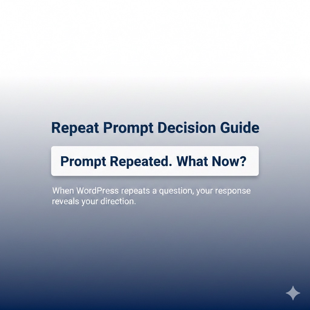 Header graphic with a search bar asking what to do when WordPress repeats a writing prompt.