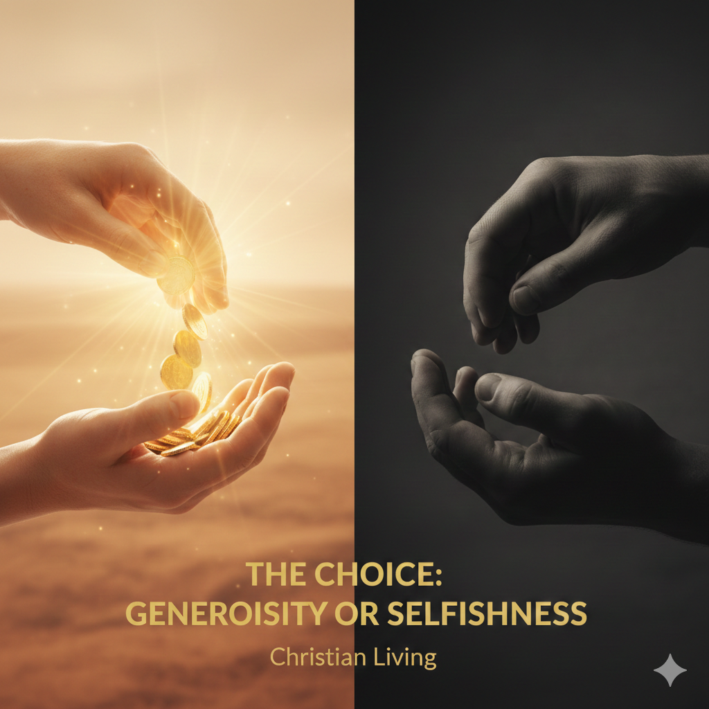 Visual contrast showing open generous hands with light versus closed selfish fists in shadow with central text