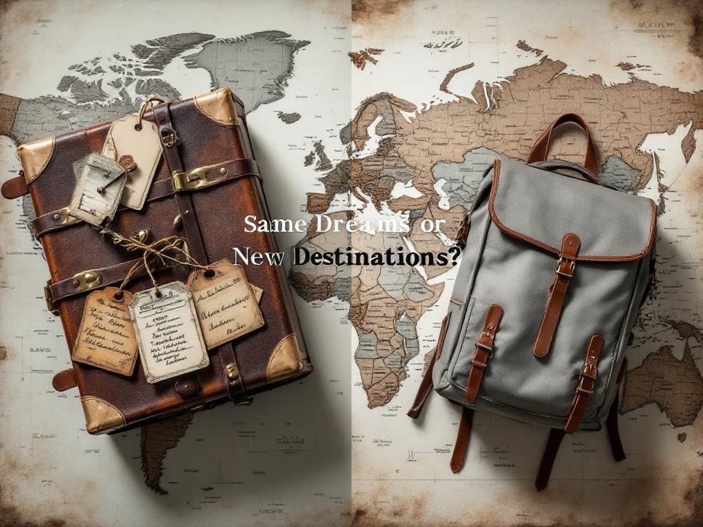 Vintage suitcase with travel tags beside modern backpack showing contrast in travel styles and changing destination dreams