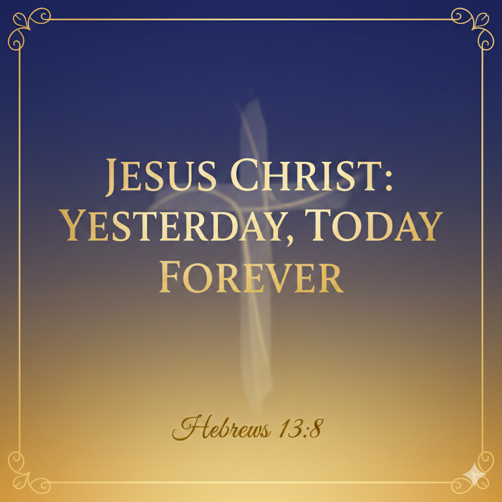 Vertical graphic displaying Hebrews 13:8 about Jesus Christ being the same yesterday today and forever on a gradient background