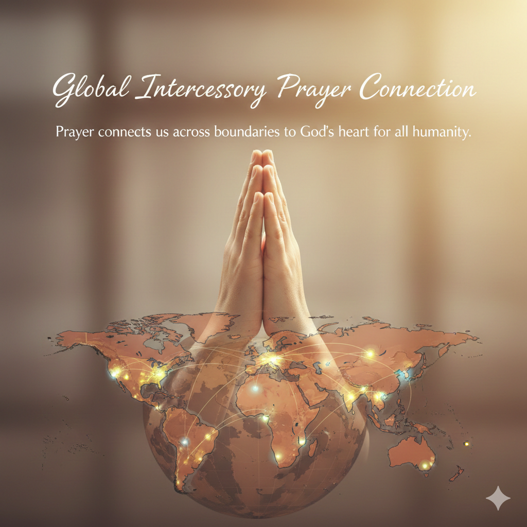 Hands folded in prayer over world map with illuminated dots representing global prayer network and spiritual intercession