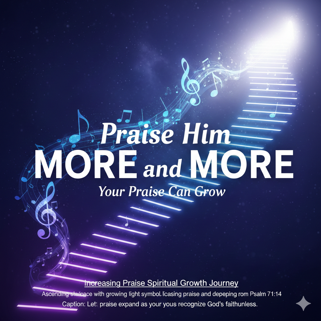 Illuminated staircase rising upward with musical notes representing growing praise from Psalm 71:14
