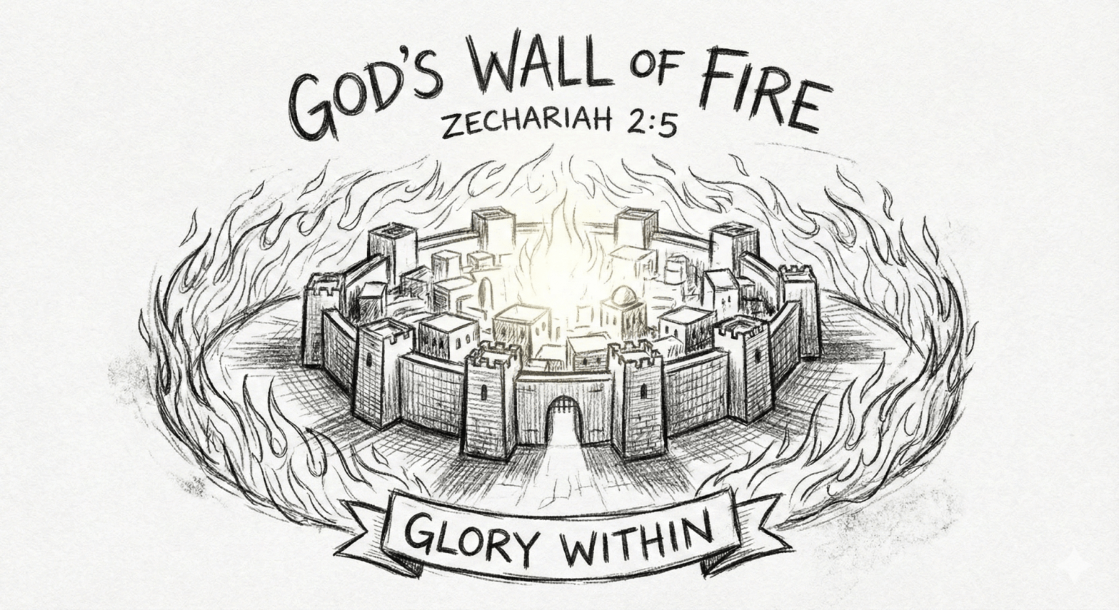 Pencil sketch of a city surrounded by a wall of fire with text "God's Wall of Fire" and "Zechariah 2:5."
