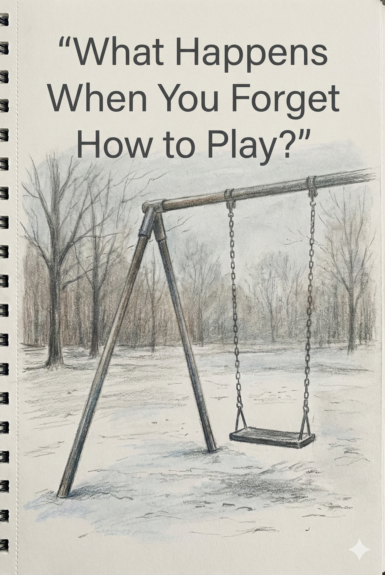 Pencil sketch of an empty swing set in winter with text overlay "What Happens When You Forget How to Play?"