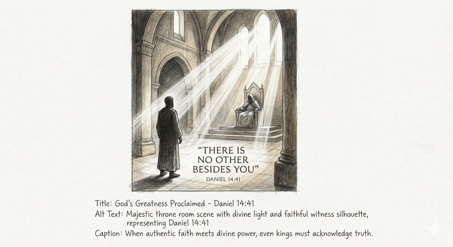 Majestic throne room scene with divine light and faithful witness silhouette, representing Daniel 14:41