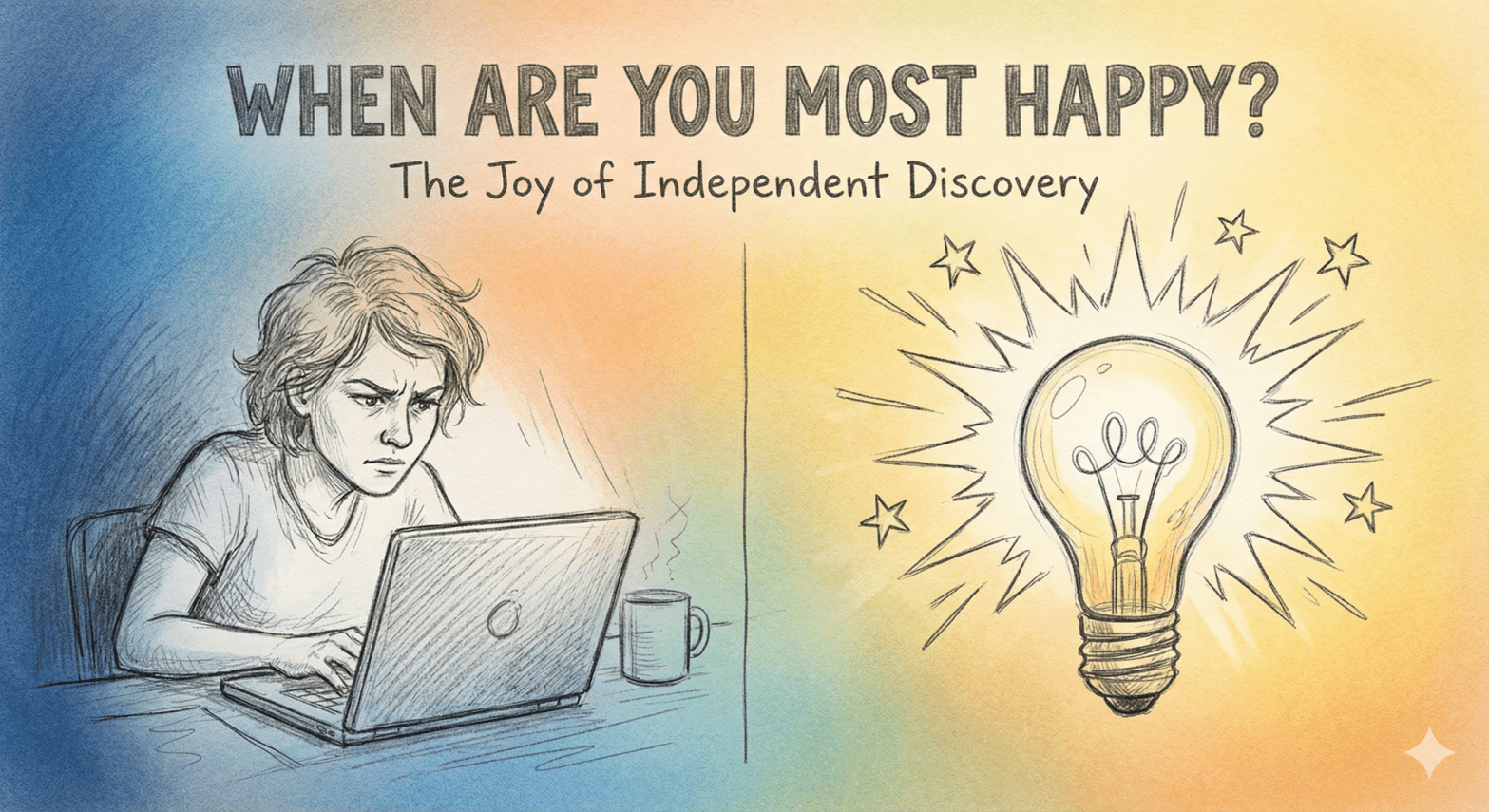 Person solving computer problem independently with lightbulb moment symbolizing joy of self-reliant discovery