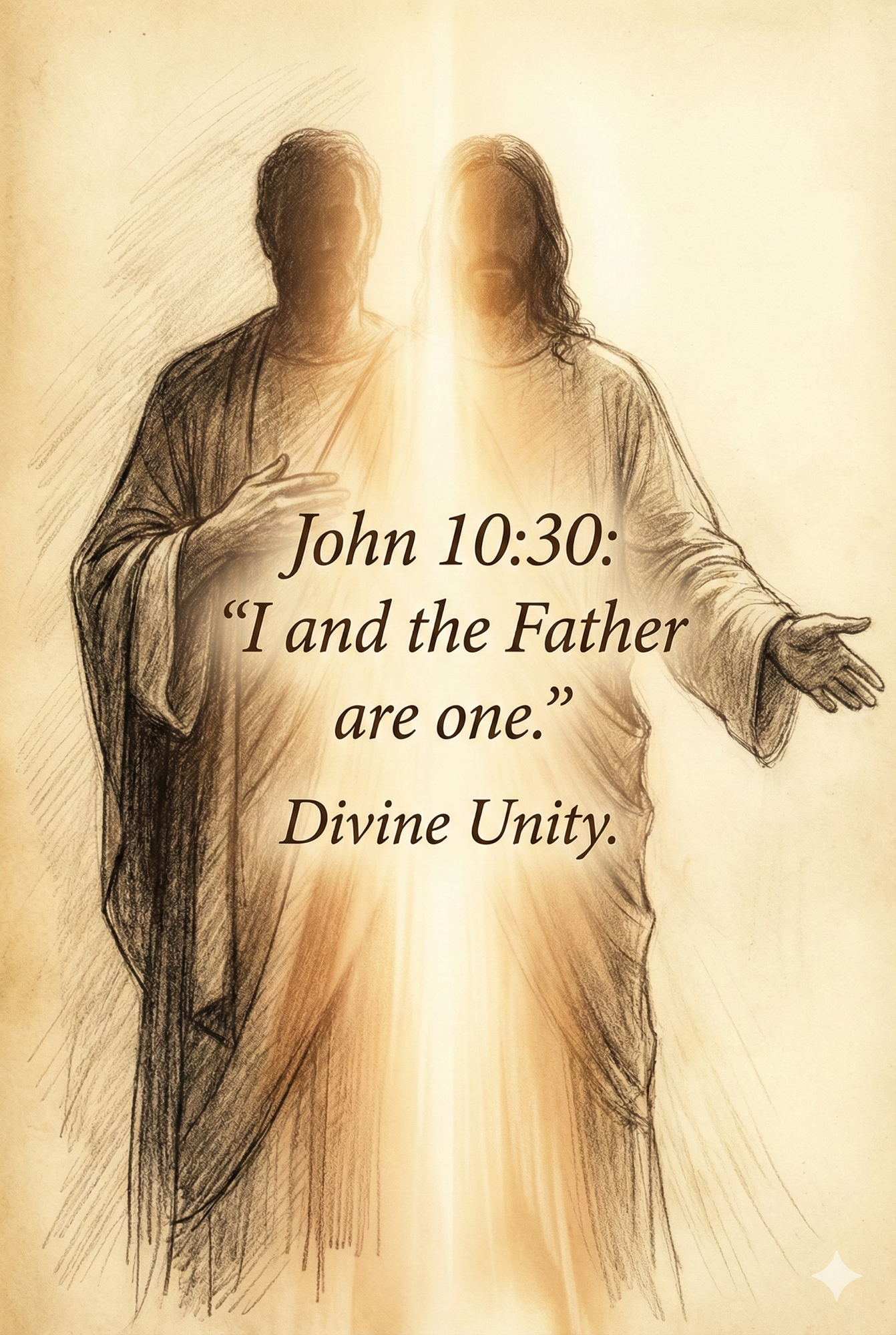 Golden light radiating between the silhouettes of the father figure and Jesus representing biblical unity in John 10:30