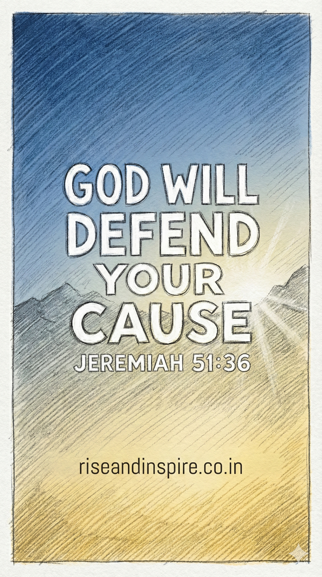 Vertical graphic with blue to gold gradient showing Jeremiah 51:36 verse about God defending your cause