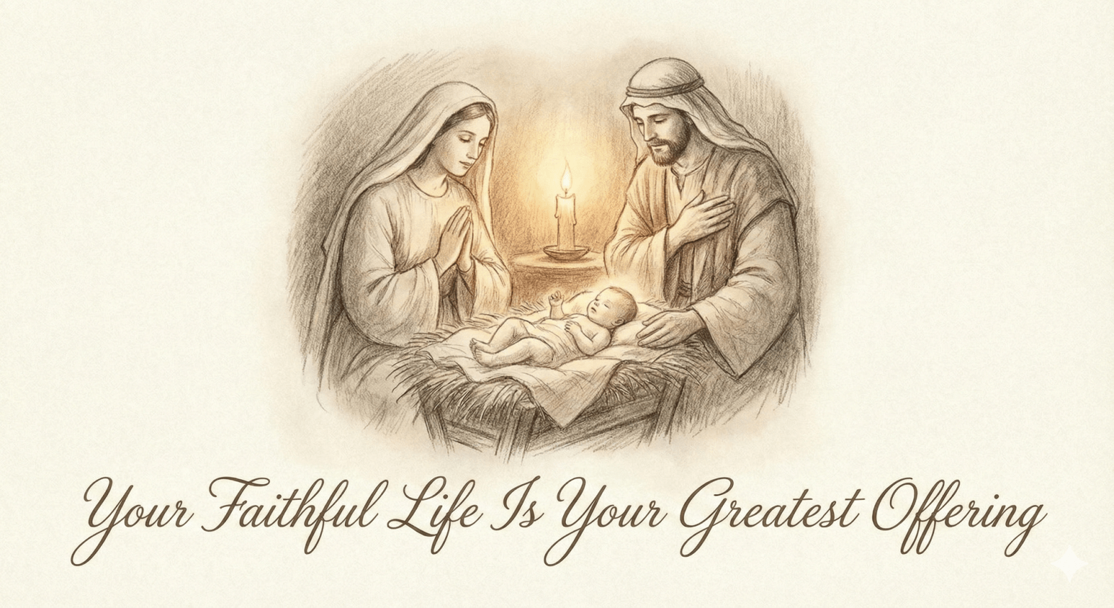 Peaceful nativity scene with warm candlelight and overlay text about faithful living as offering