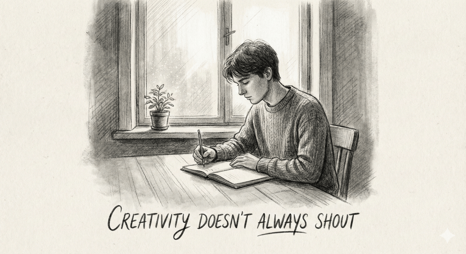 A reflective workspace symbolising quiet creativity through thoughtful writing and deep focus.