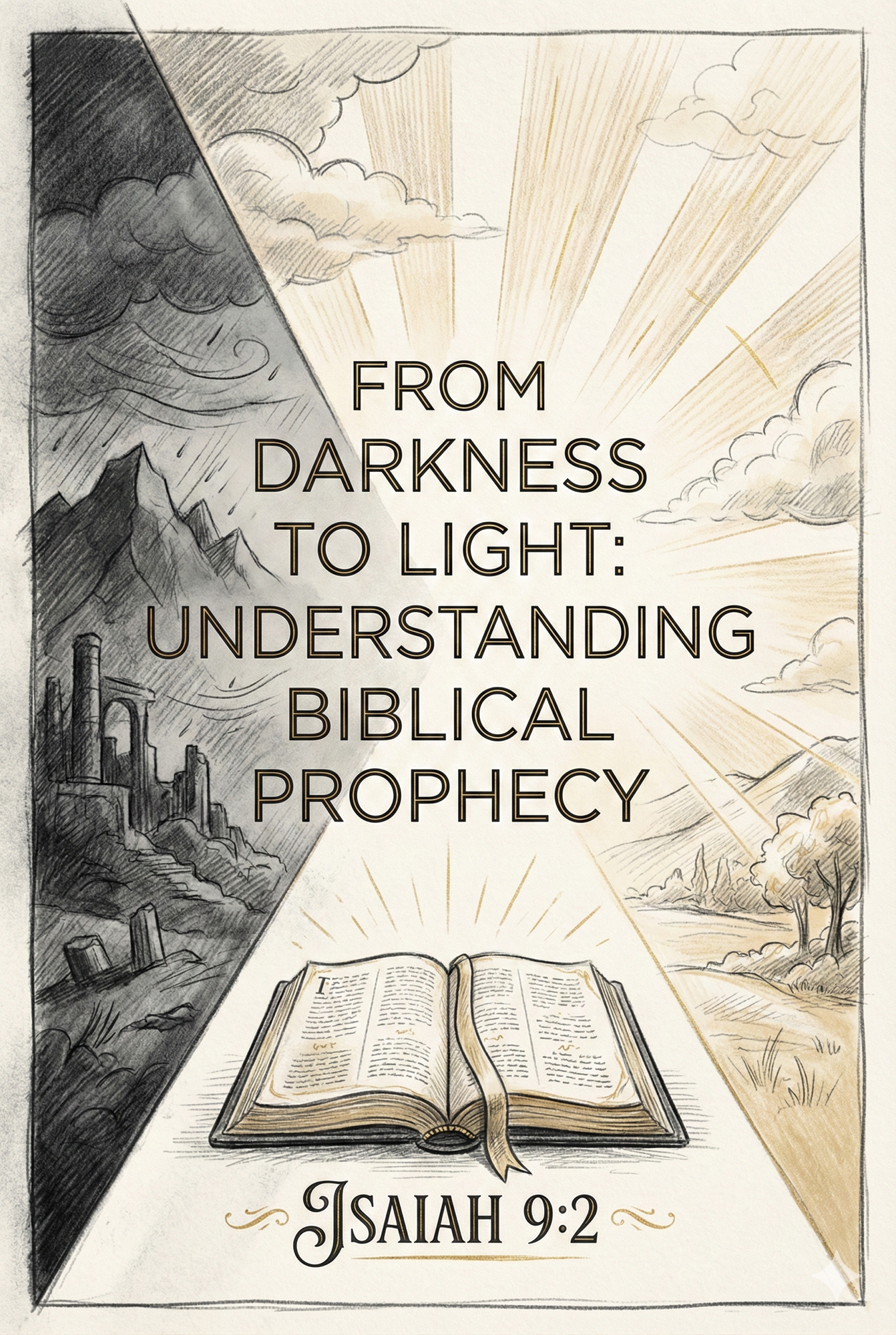 Diagonal split graphic contrasting darkness and light with open Bible representing Isaiah 9:2