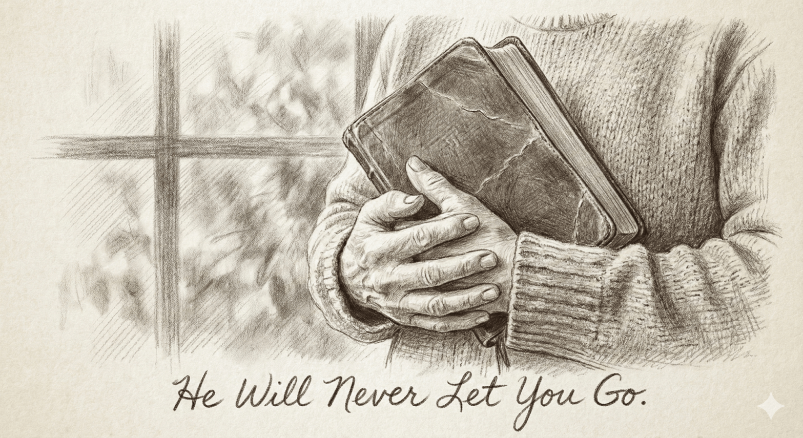 Person holding worn Bible to chest with comforting text about God never letting go