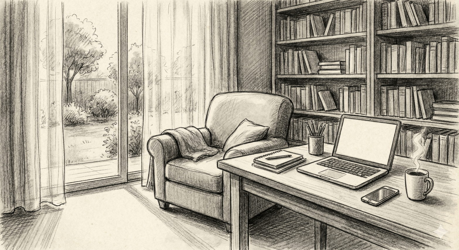 A cosy reading nook with a desk, armchair, and window view.