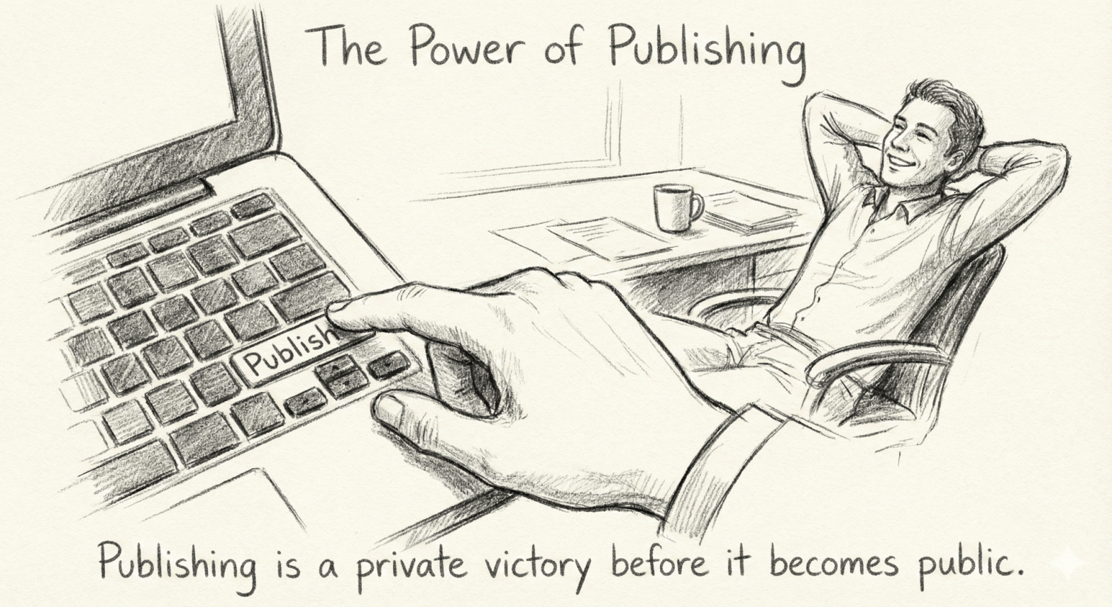 Writer smiling at laptop after publishing a blog post.