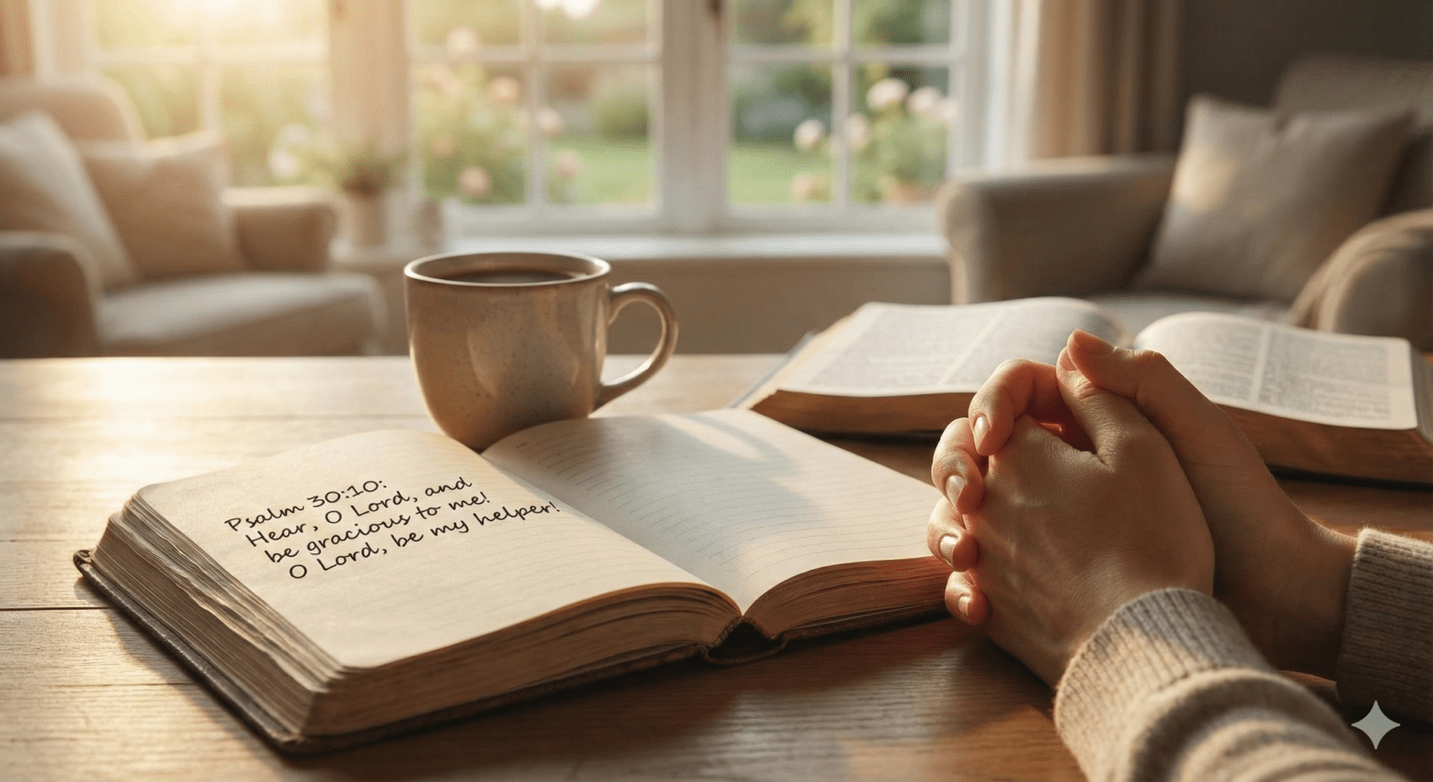 Hands clasped in prayer over a journal with Psalm 30:10 written on it, beside an open Bible and a coffee mug.