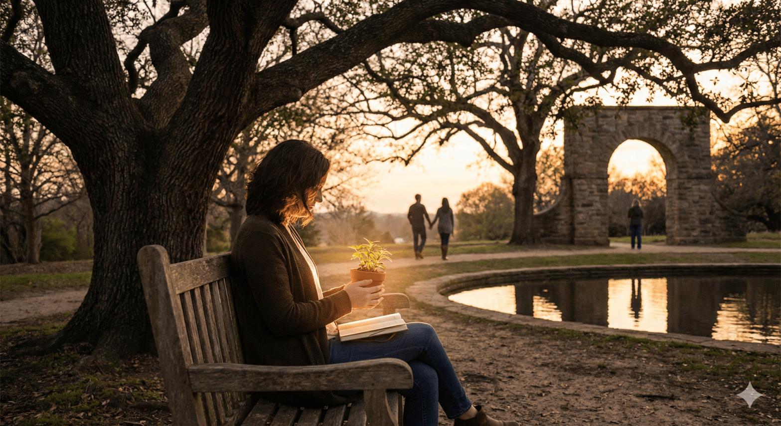 A woman sits reflectively on a bench at dusk, nurturing a glowing plant and holding a journal, symbolising self-growth.