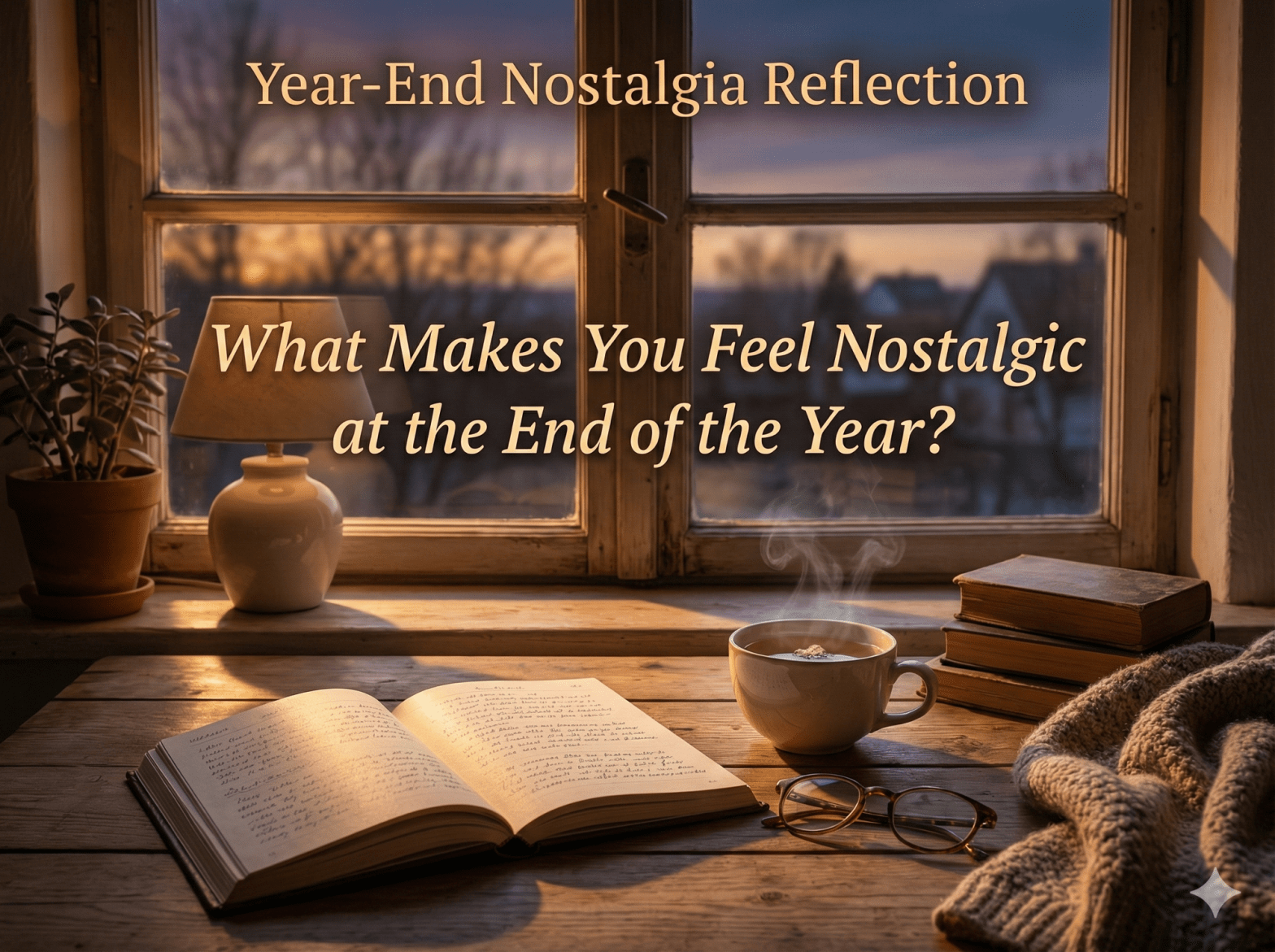 Notebook and tea by a window symbolising quiet year-end nostalgia