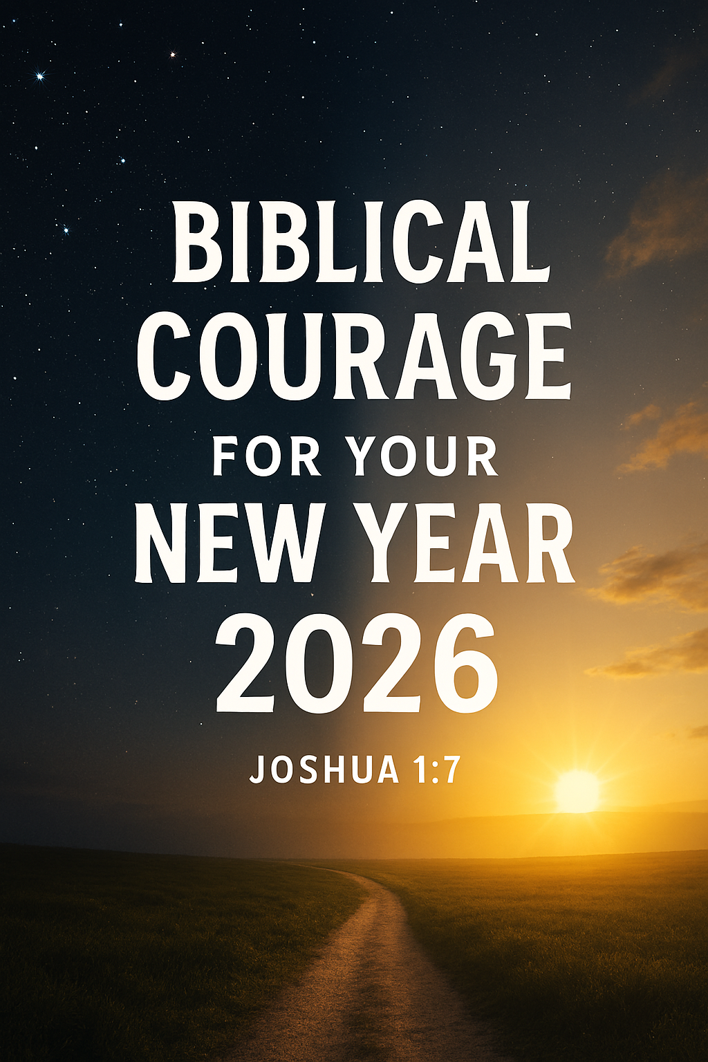 Vertical graphic showing dark night sky transitioning to sunrise with text Biblical Courage for Your New Year
