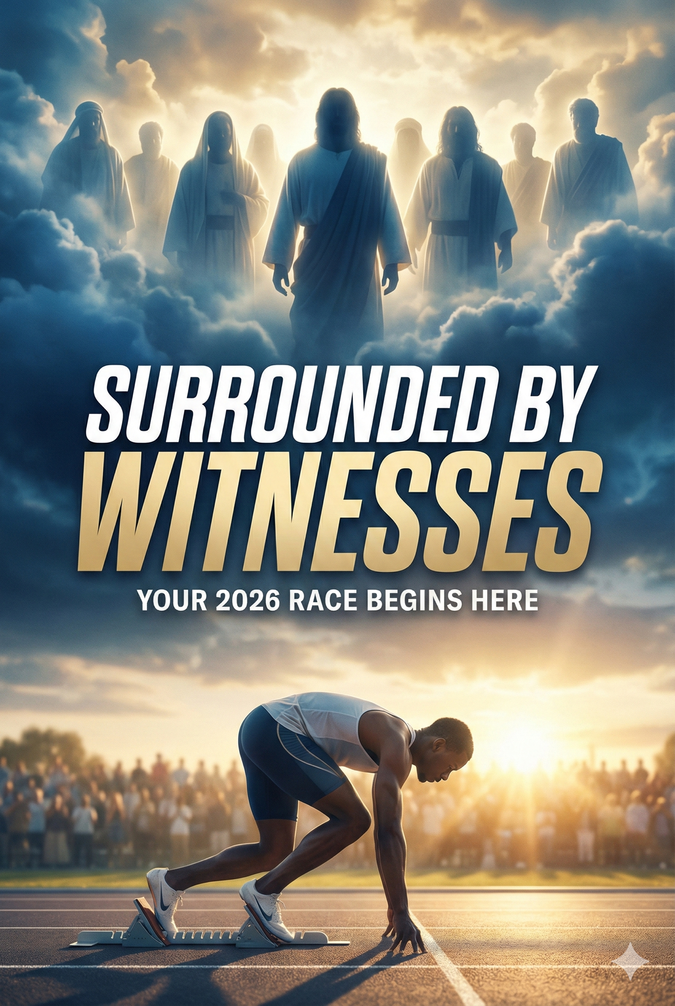 Biblical runner at the starting line with a cloud of witnesses above, symbolising Hebrews 12 and the New Year spiritual journey
