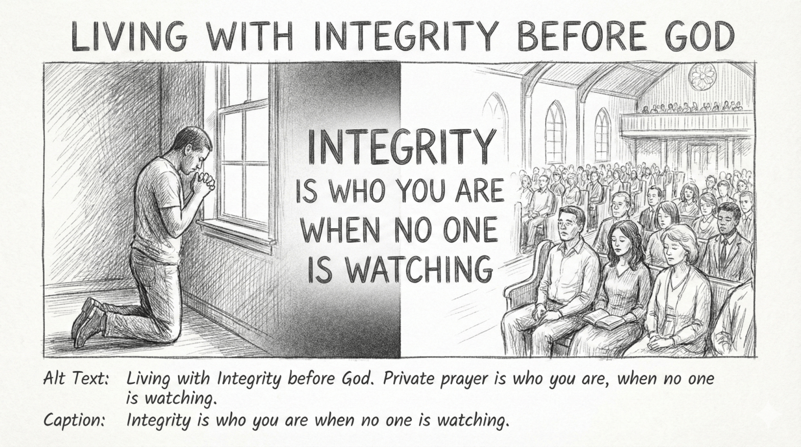 Split image showing private prayer and public worship representing authentic Christian integrity