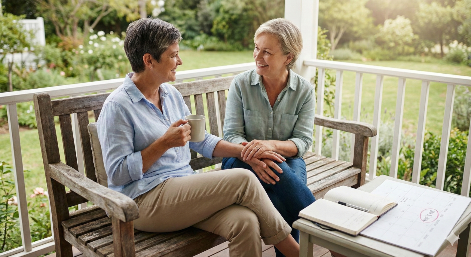 Mature friends sharing a moment of connection on a porch, illustrating the gift of presence and continuity in 2026.