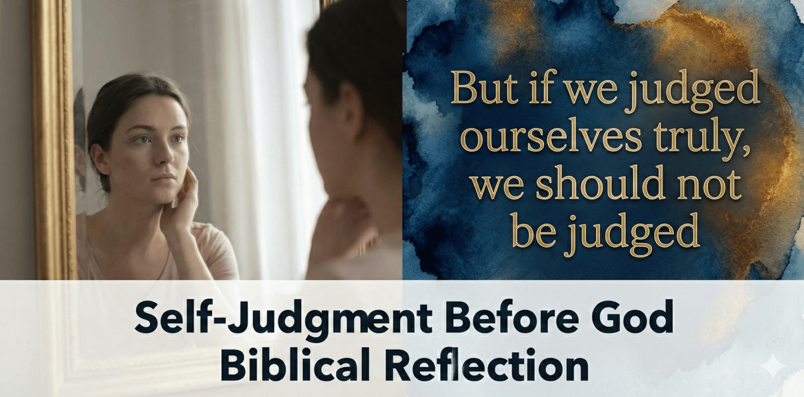 Woman looking in a mirror next to a Biblical quote about self-judgment before God.