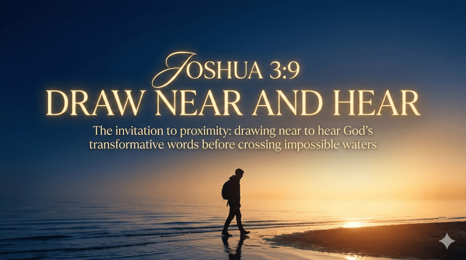 Silhouette approaching glowing light representing drawing near to God with scripture text from Joshua chapter three verse nine