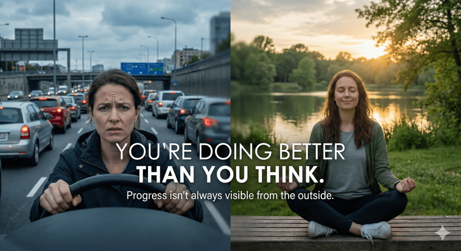 Split image showing stressed commuter versus peaceful reflection illustrating hidden progress and self-worth