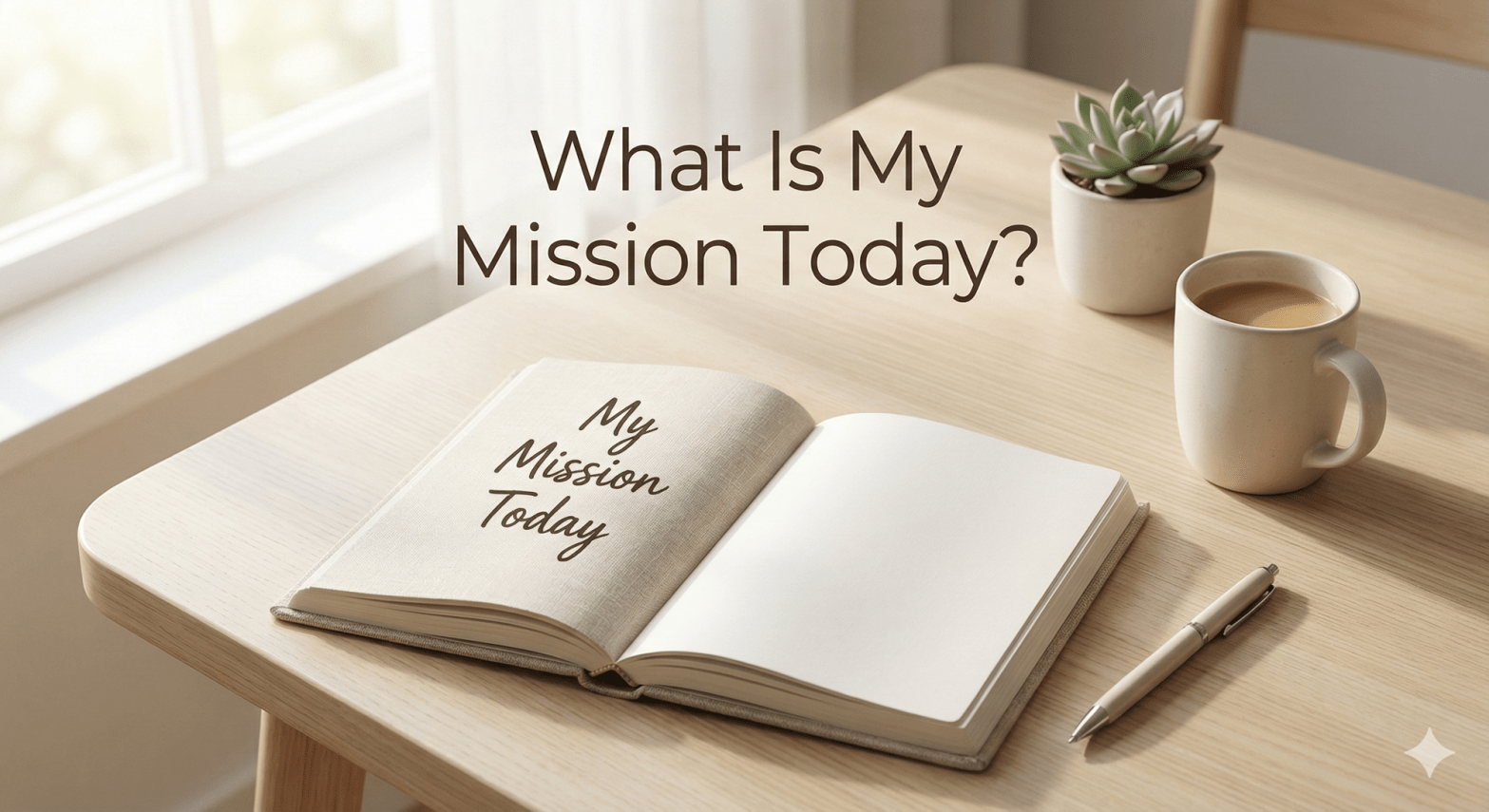 Open journal on desk with the words My Mission Today, symbolising reflection on life purpose
