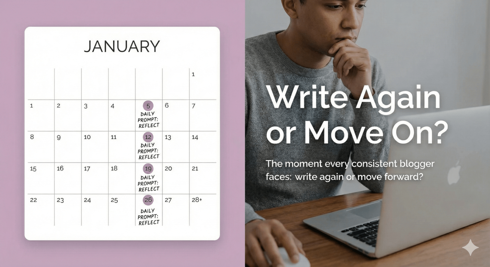 Split screen showing repeated calendar dates and blogger at laptop considering whether to write again