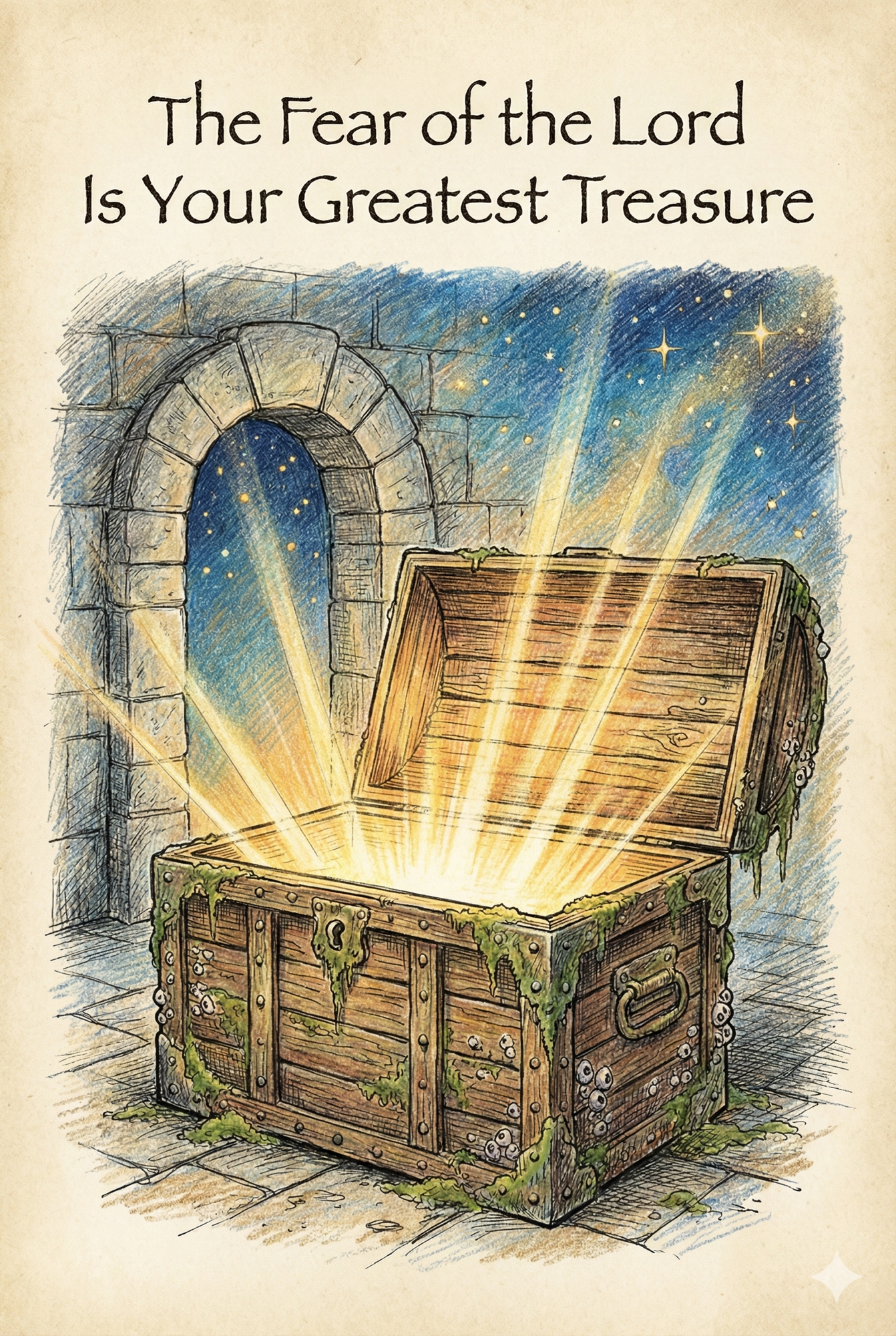 Treasure chest radiating golden light representing the fear of the Lord as true spiritual wealth from Isaiah 33:6.