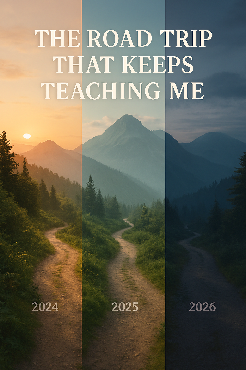Split view of mountain hiking path in dawn, midday, and dusk lighting showing passage of time and reflection