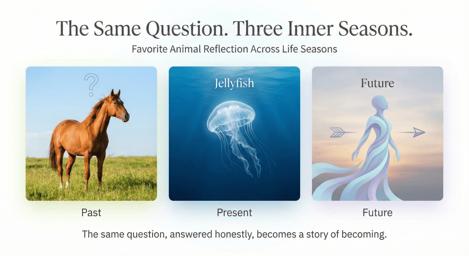 Timeline showing horse, jellyfish, and abstract figure representing personal growth over three years.