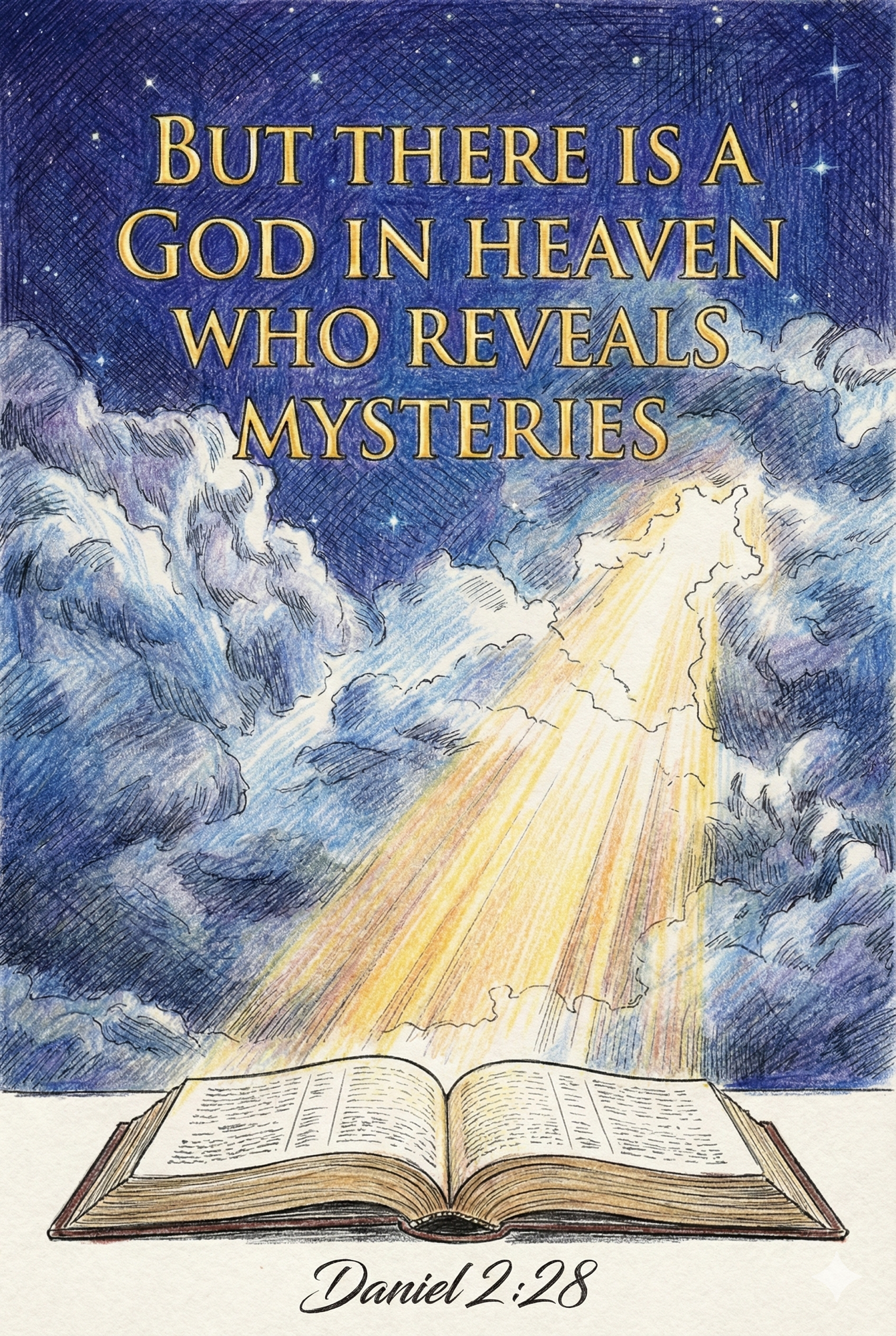 Heavenly light illuminating open Bible with Daniel 2:28 about God revealing mysteries against night sky